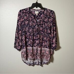 Knox Rose Women Pink/Navy Boho Paisley Floral Tunic Blouse Top size S